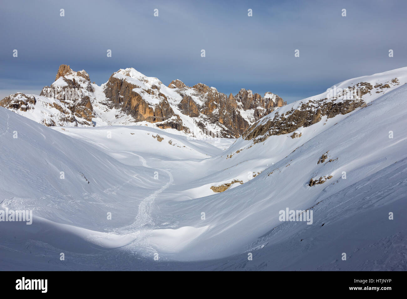 The Pale di San Martino mountain group in winter season, snow. The Trentino Dolomites. Italian Alps. Europe. Stock Photo