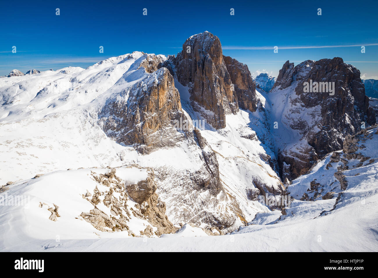 The Pale di San Martino mountain group. The Pala and Val di Roda peaks, Ball pass. The Trentino Dolomites in winter season. Italian Alps. Europe. Stock Photo
