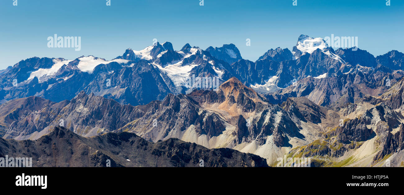 View on the Écrins (Barre des Écrins) mountain group, Pelvoux peak. French Alps. Europe. Stock Photo