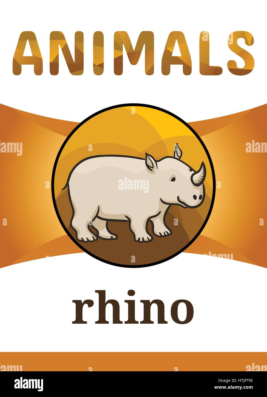 Printable animal flash card, vector illustration. Suitable for teaching children new words. Rhino or rhinoceros, cartoon style Stock Vector