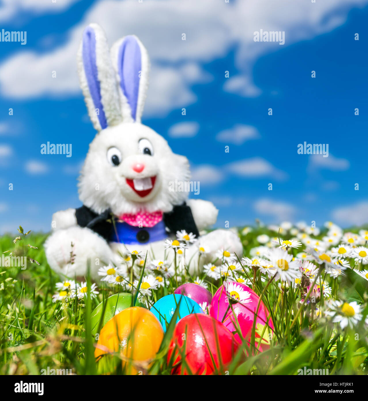 Beautiful view of colorful Easter eggs with funny Easter bunny in the background lying in the grass on a sunny day Stock Photo
