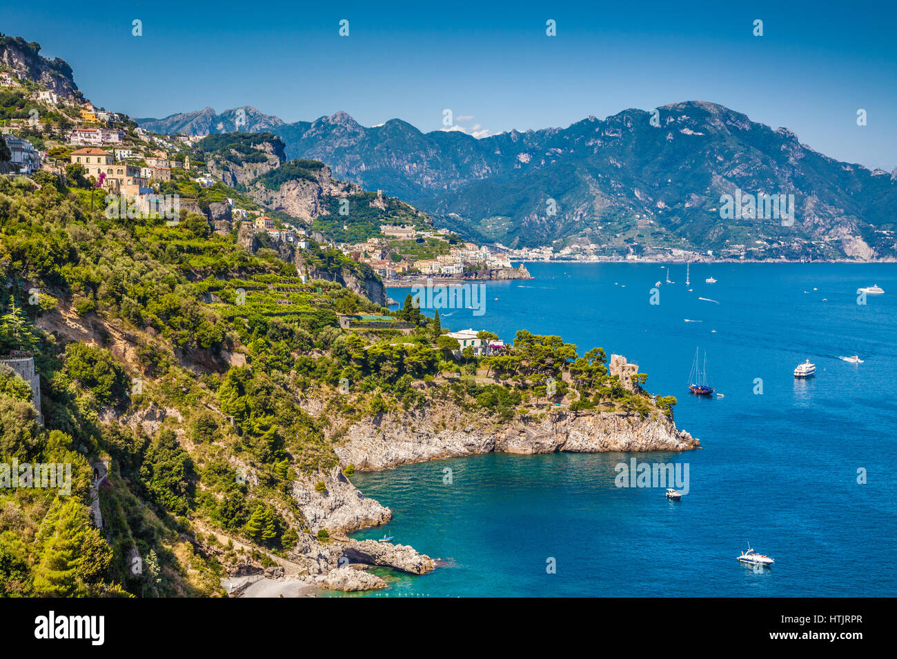 Scenic picture-postcard view of famous Amalfi Coast with beautiful Gulf of Salerno, Campania, Italy Stock Photo