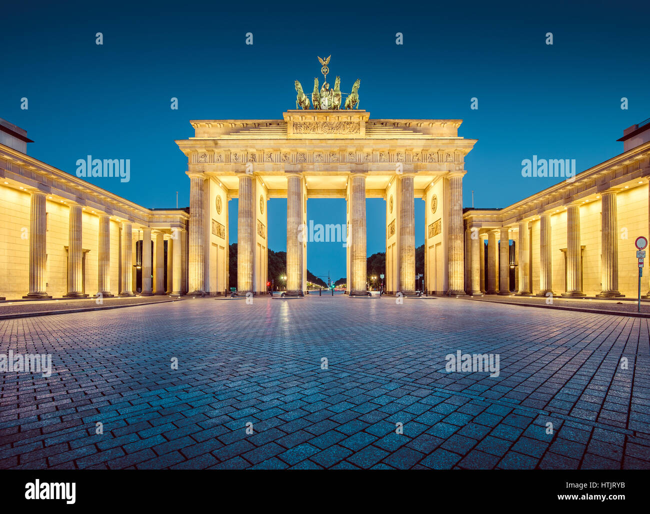 Panoramic view of famous Brandenburger Tor (Brandenburg Gate), one of the best-known landmarks and national symbols of Germany, in twilight, Berlin Stock Photo