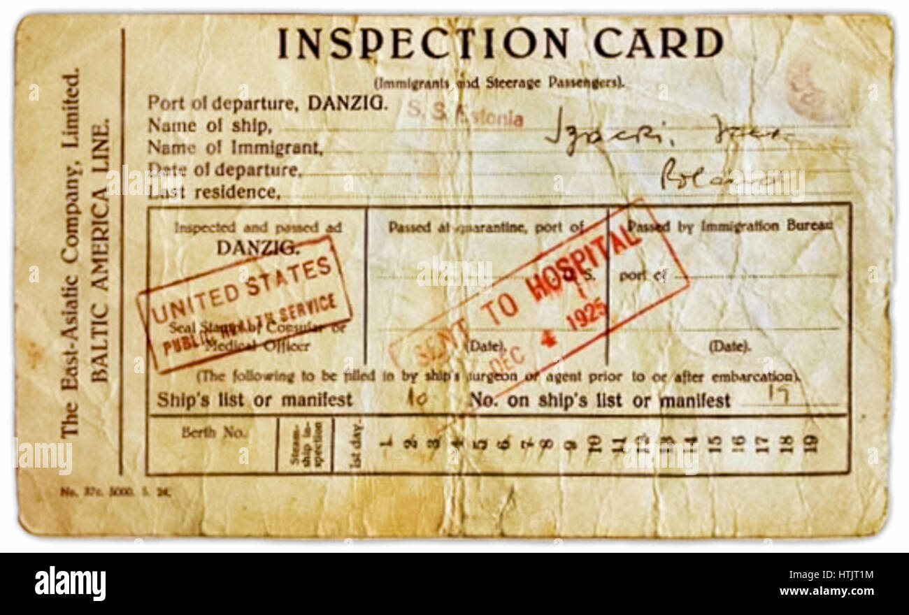 Immigration “Inspection Card” issued to migrants arriving at Ellis Island immigrant inspection depot for medical and legal examination. This card was issued to a migrant on board the SS Estonia who boarded at Danzig who was referred to Ellis Island Immigrant Hospital. This ship was operated by the Baltic-America Line, a Danish shipping company who carried East European and German migrants from Hamburg, Danzig and Libau to New York and Halifax in comfort from 1917 through the 1920s. Stock Photo