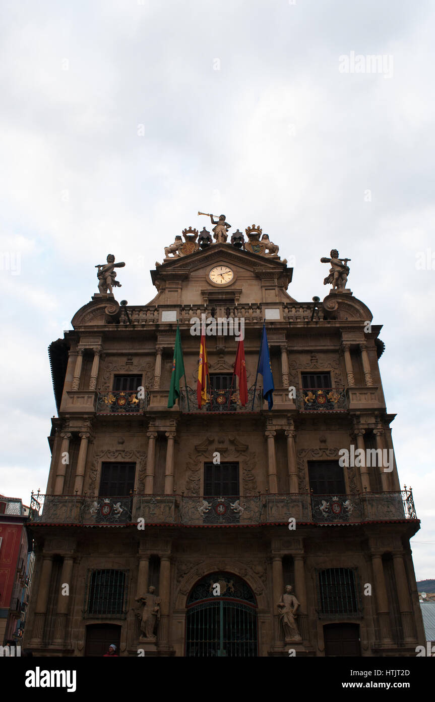 The Town Hall of Pamplona in Plaza Consistorial, seat of municipal government and icon of the beginning of the San Fermin fiesta with its bulls run Stock Photo