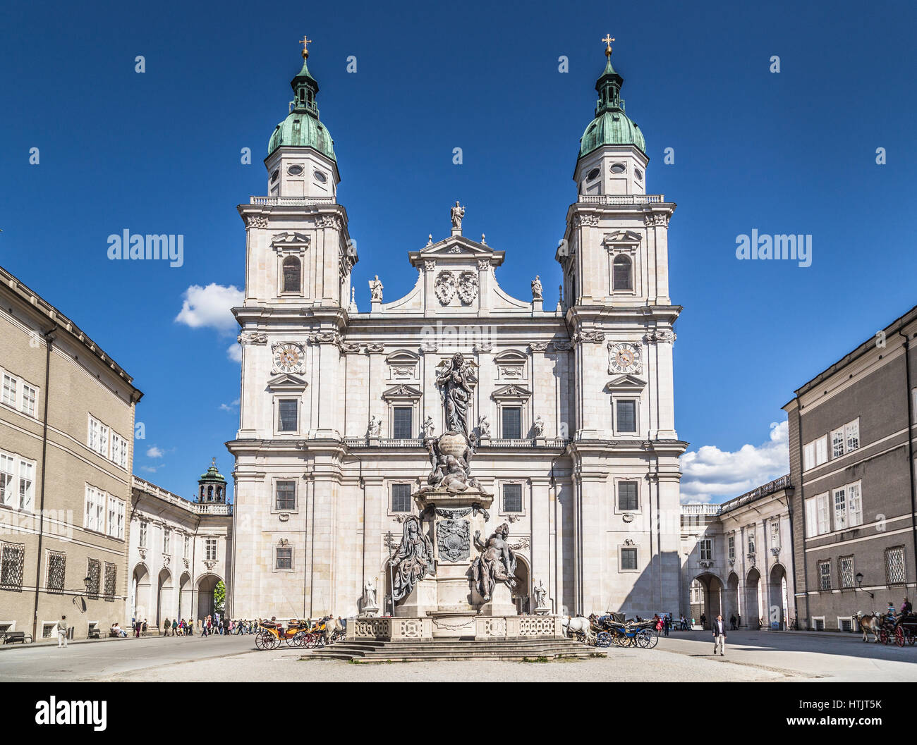 Panoramic view of historic Salzburg Cathedral with famous Maria Immaculata (Immaculate Mary) column at Domplatz, Salzburg, Austria Stock Photo