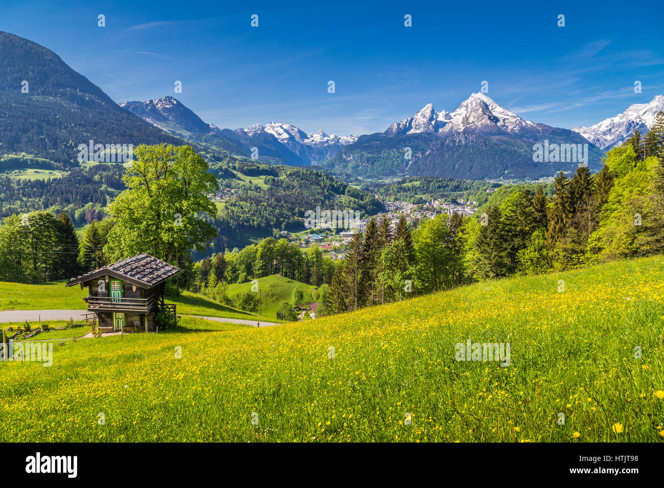 Panoramic view of idyllic mountain scenery in the Alps with traditional mountain chalet and fresh green mountain pastures with blooming flowers Stock Photo