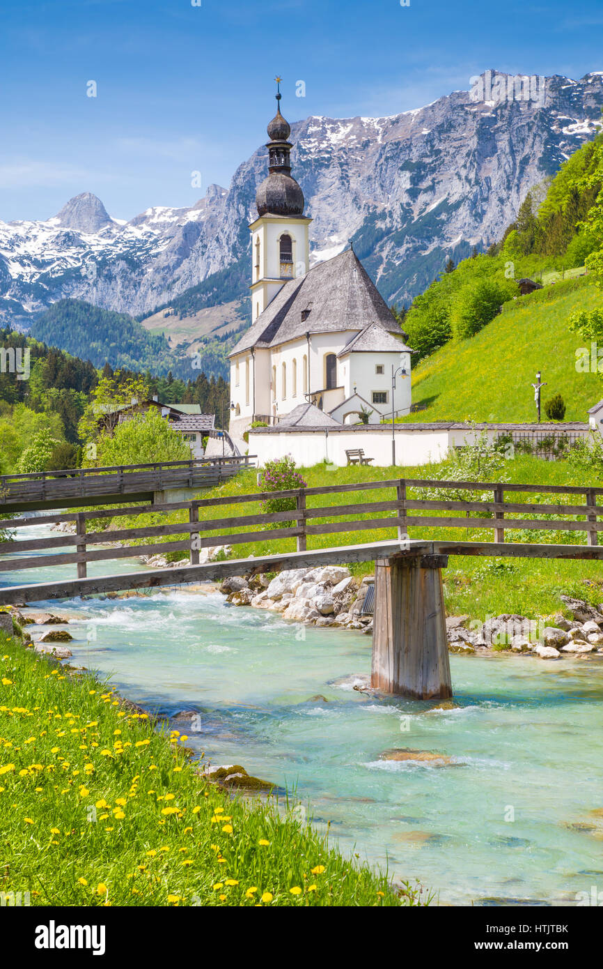 Scenic Mountain Landscape In The Bavarian Alps With Famous Parish 