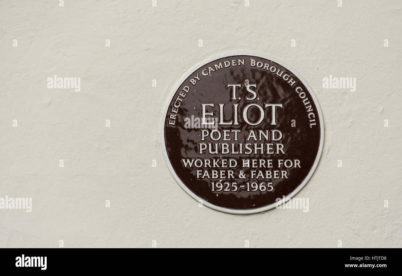 Brown plaque, T.S. Eliot, poet and publisher, Russell Square, London, UK Stock Photo