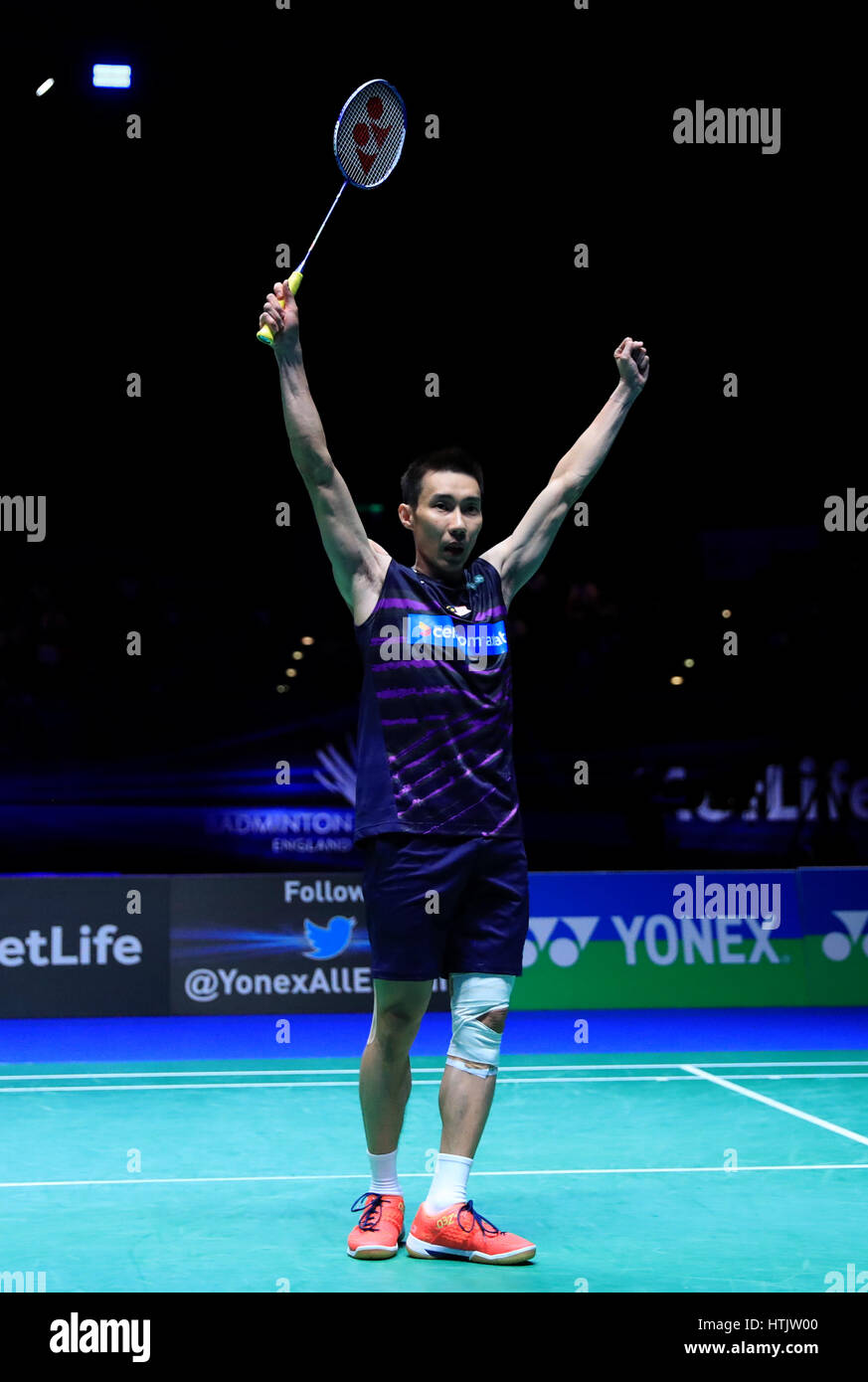 Malaysia's Chong Wei Lee celebrates victory over China's Yuqi Shi in the Men's Singles Final during day six of the YONEX All England Open Badminton Championships at the Barclaycard Arena, Birmingham. Stock Photo