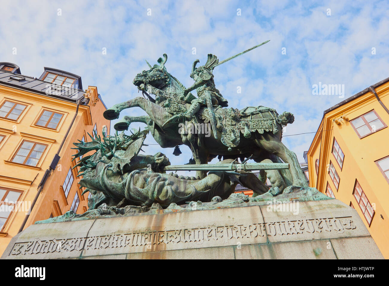Bronze replica (1912) of St George and the Dragon statue, (moulded by Otto Meyer), Kopmantorget, Gamla Stan, Stockholm, Sweden, Scandinavia Stock Photo
