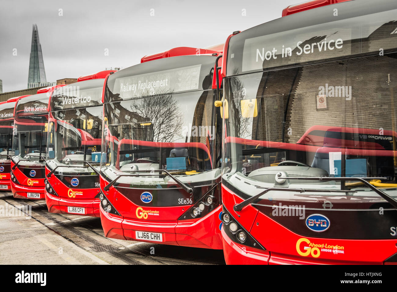 BYD electric buses for use on TfL services 507 and 521 at the Go-Ahead Waterloo bus depot. Stock Photo