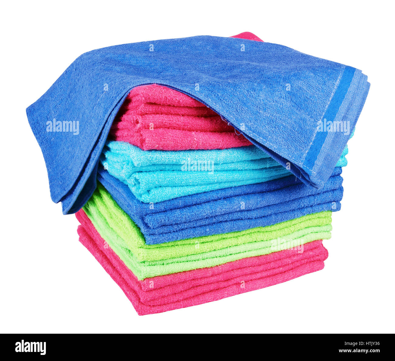stacked colorful towels on a white background Stock Photo