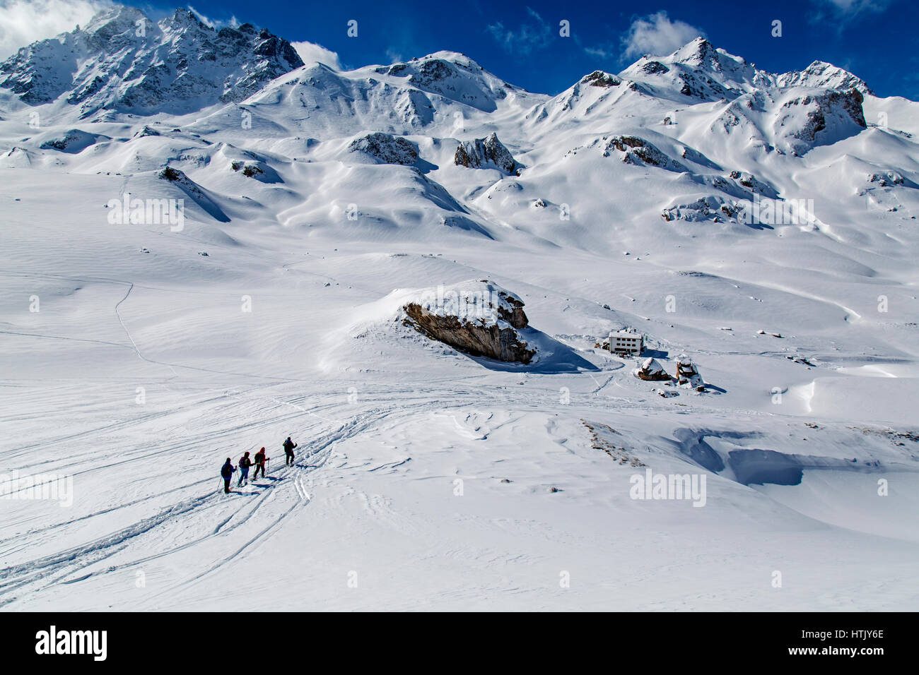 Ski touring and snowshoeing in the Austrian Alps. Stock Photo