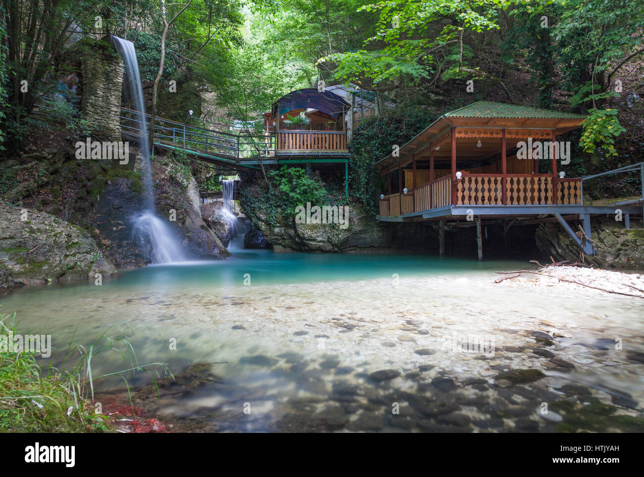 Restaurant Assir in the village of Chernigovka in valley of the mountain river Patara Makara in the Caucasus Stock Photo