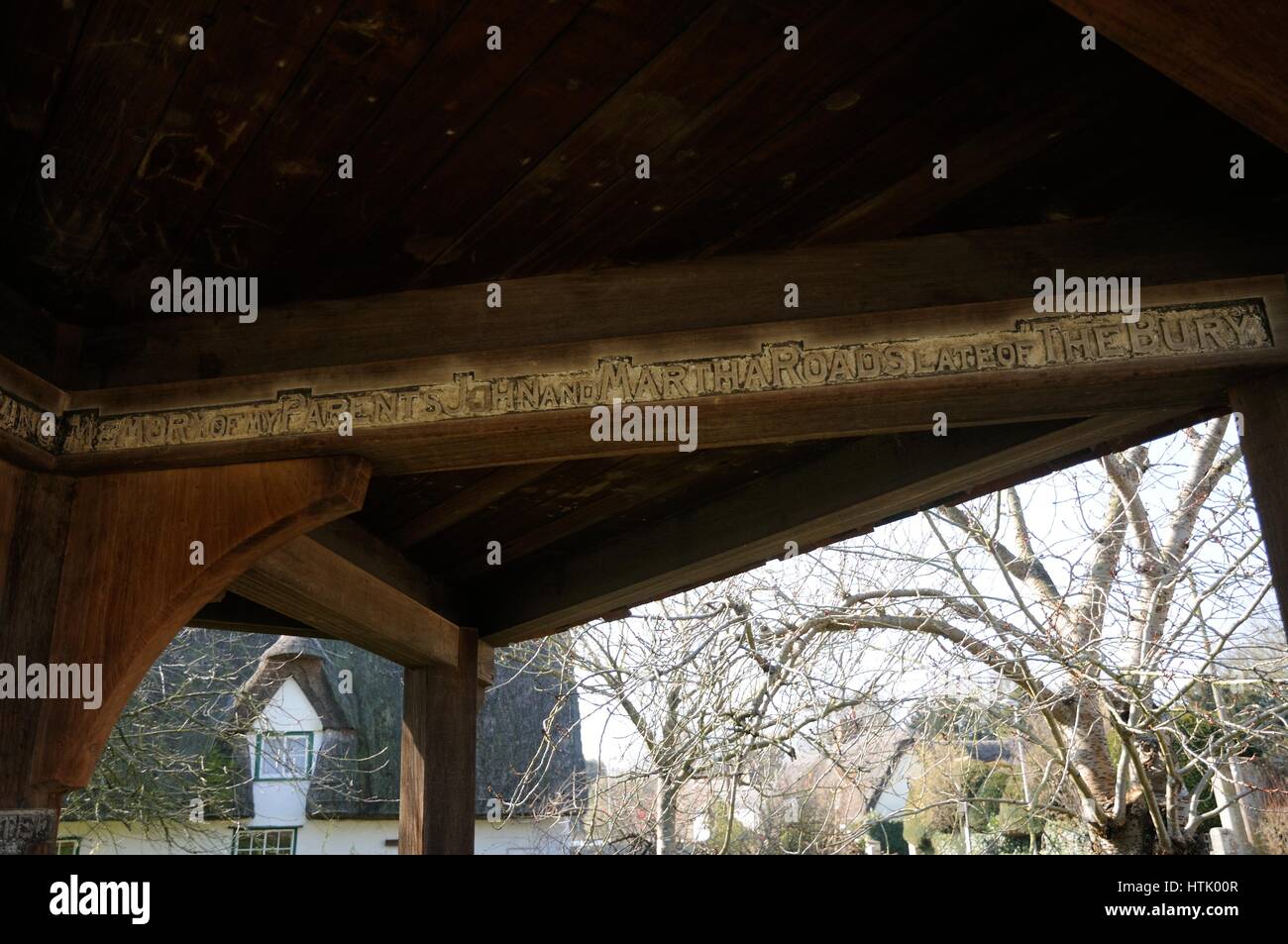 Shelter, The Green Foxton, Cambridgeshire. The shelter has two beams carved with the inscription “IN THE NAME of THE LORD JESUS and in GRATEFUL and LO Stock Photo