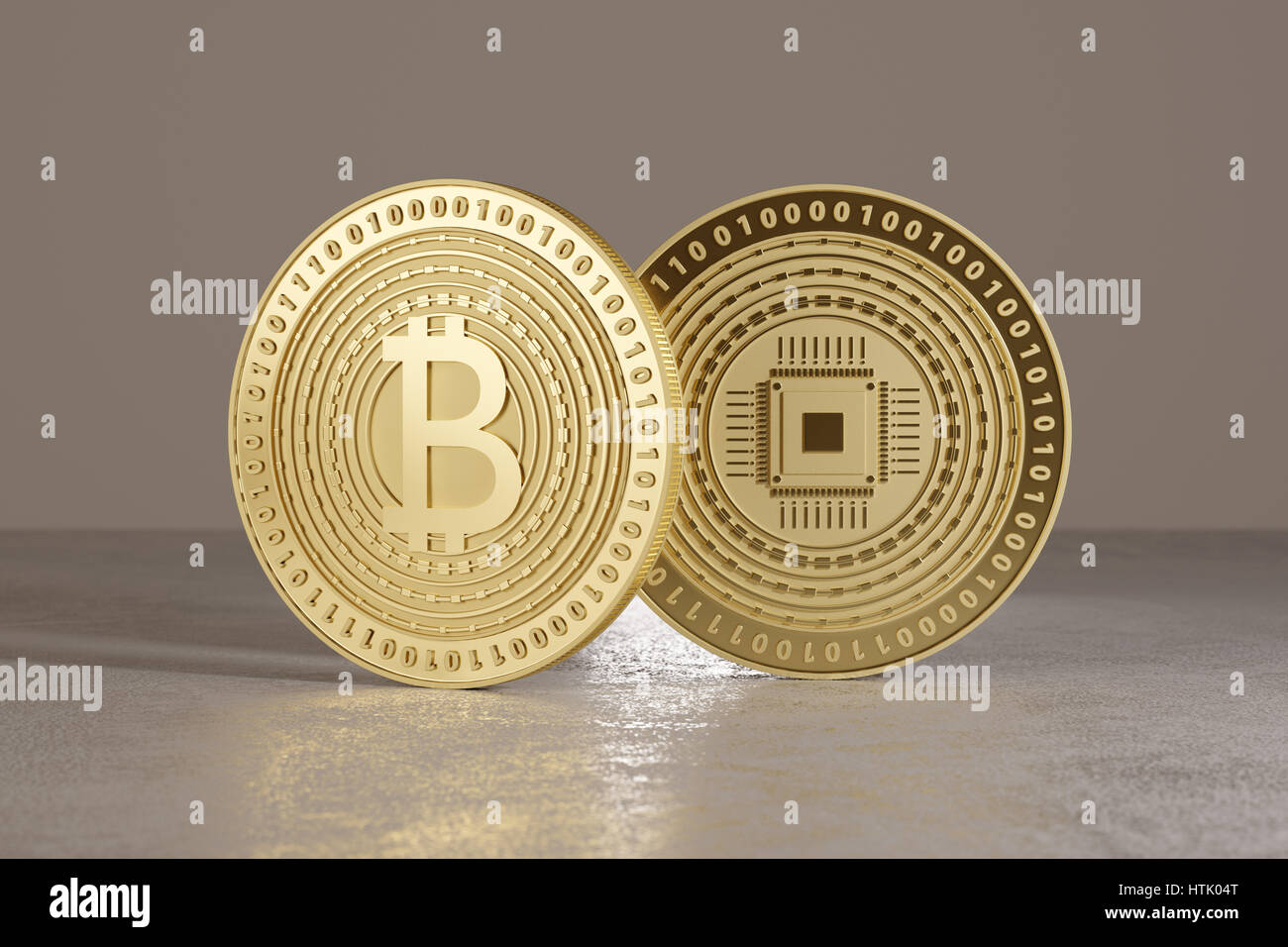 Two shiny golden bitcoins standing on metal floor as concept for financial  technology and crypto-currency Stock Photo - Alamy