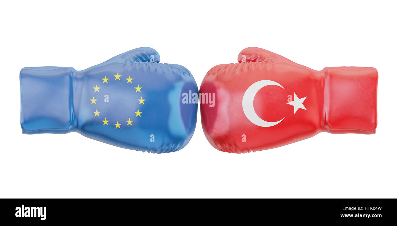 Boxing gloves with Turkey and EU flags. Governments conflict concept