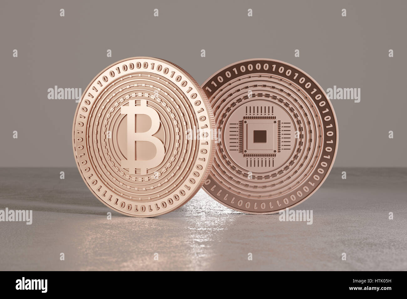 Close up of two copper bitcoins with focus on foreground as example for financial technology and online banking Stock Photo