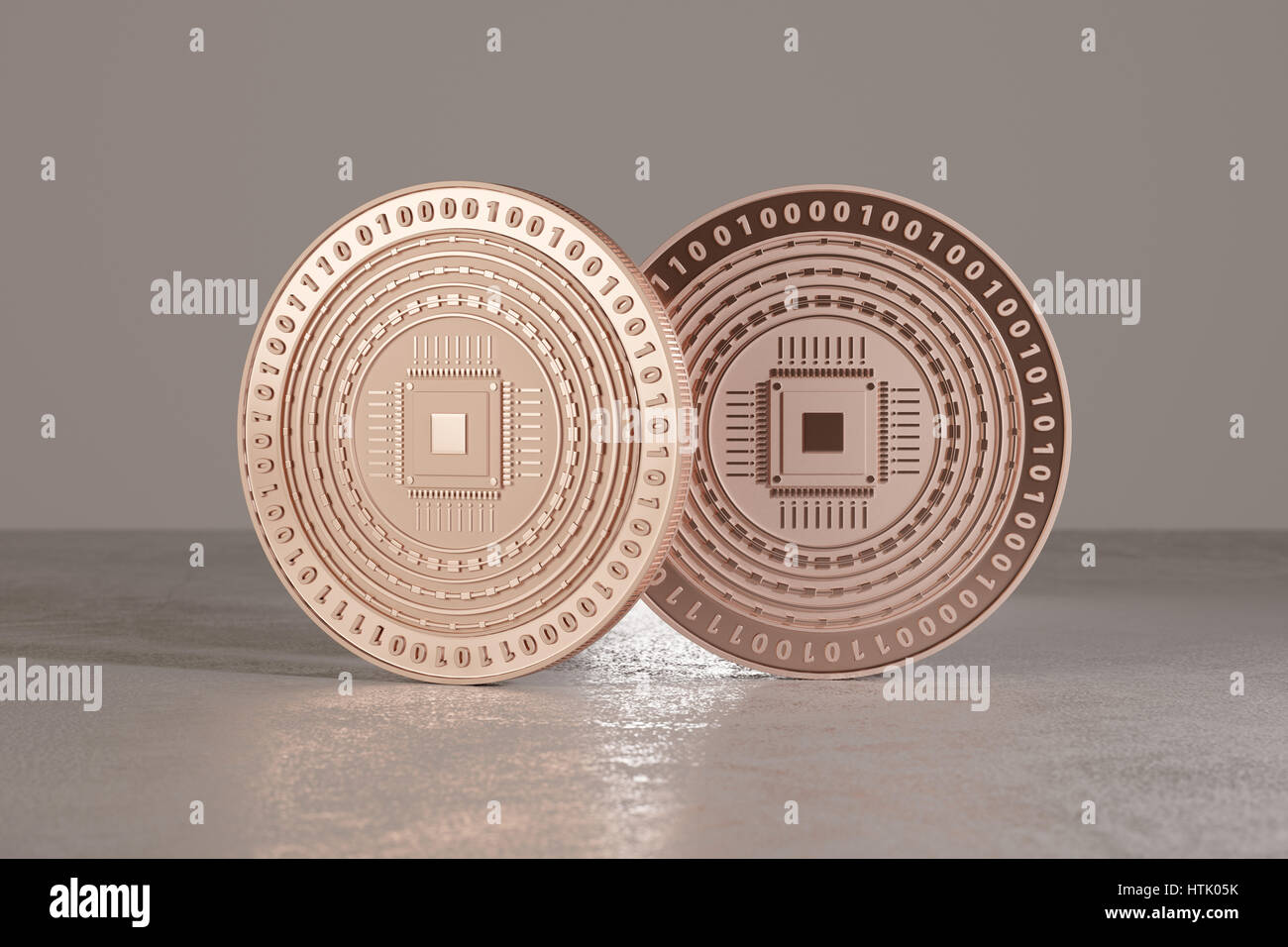 Copper digital coins on metal floor as example for bitcoins, fin-tech or online-banking Stock Photo