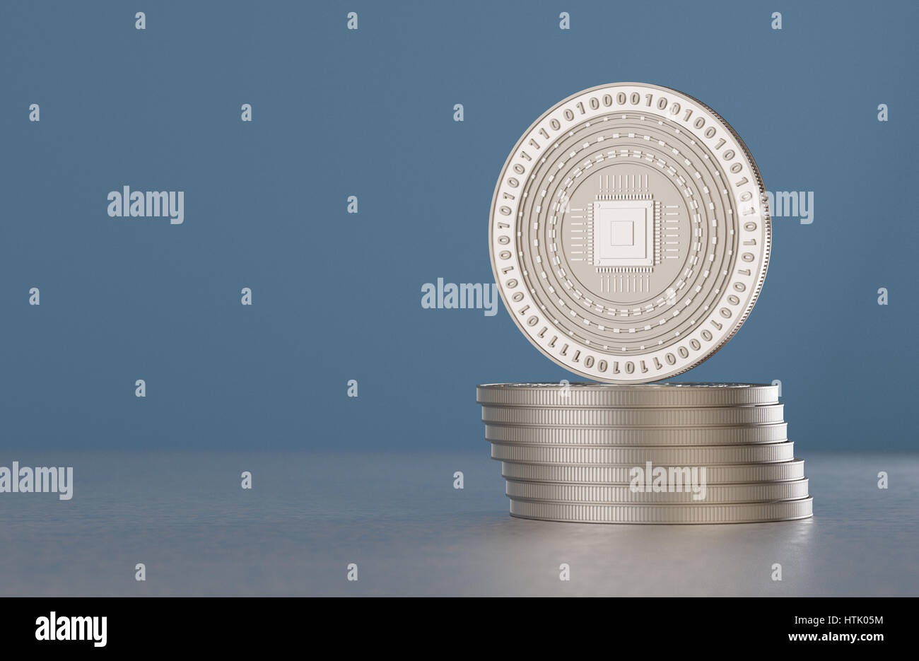 Stack of silver crypto-currency coins with cpu symbol as example for digital currency, online banking or fin-tech Stock Photo