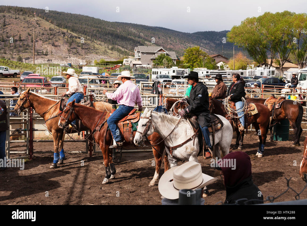 Cowboys warming up for rodeo event at the Richest Indian Rodeo. Merritt, BC, Canada Stock Photo