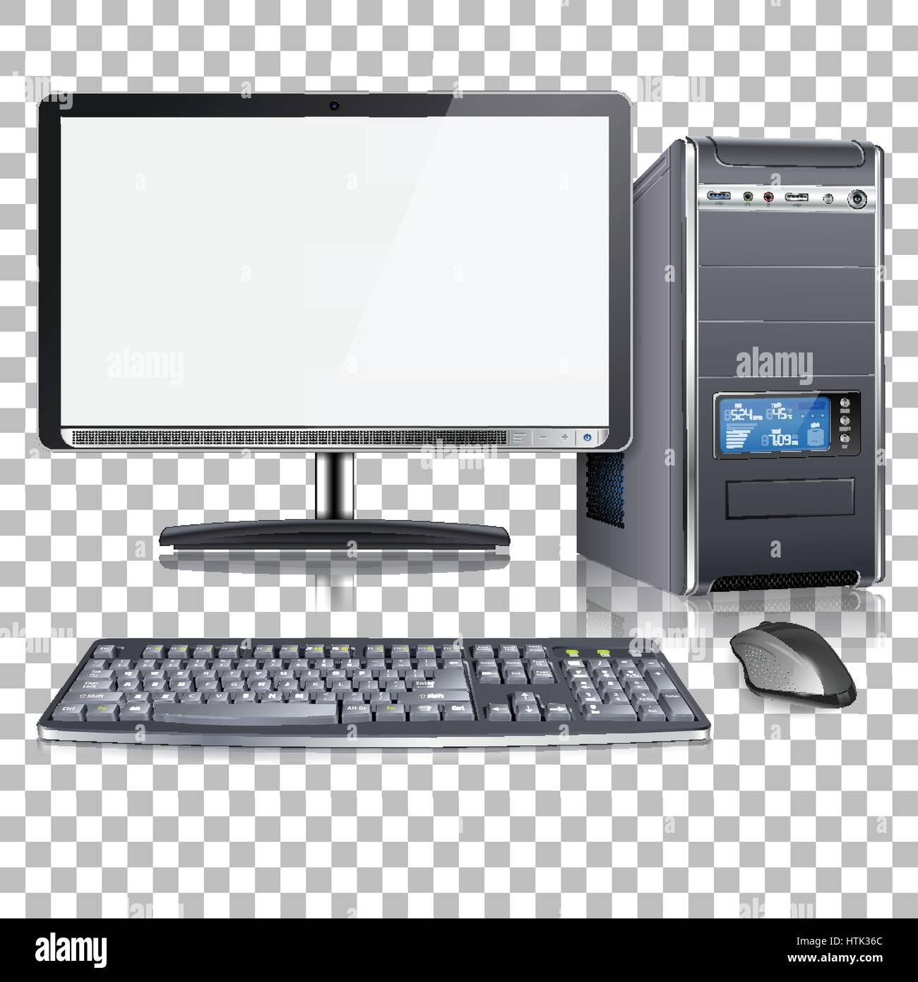Realistic High Detailed 3D Computer Case with Monitor, Keyboard and Mouse, on transparent background, isolated vector illustration Stock Vector