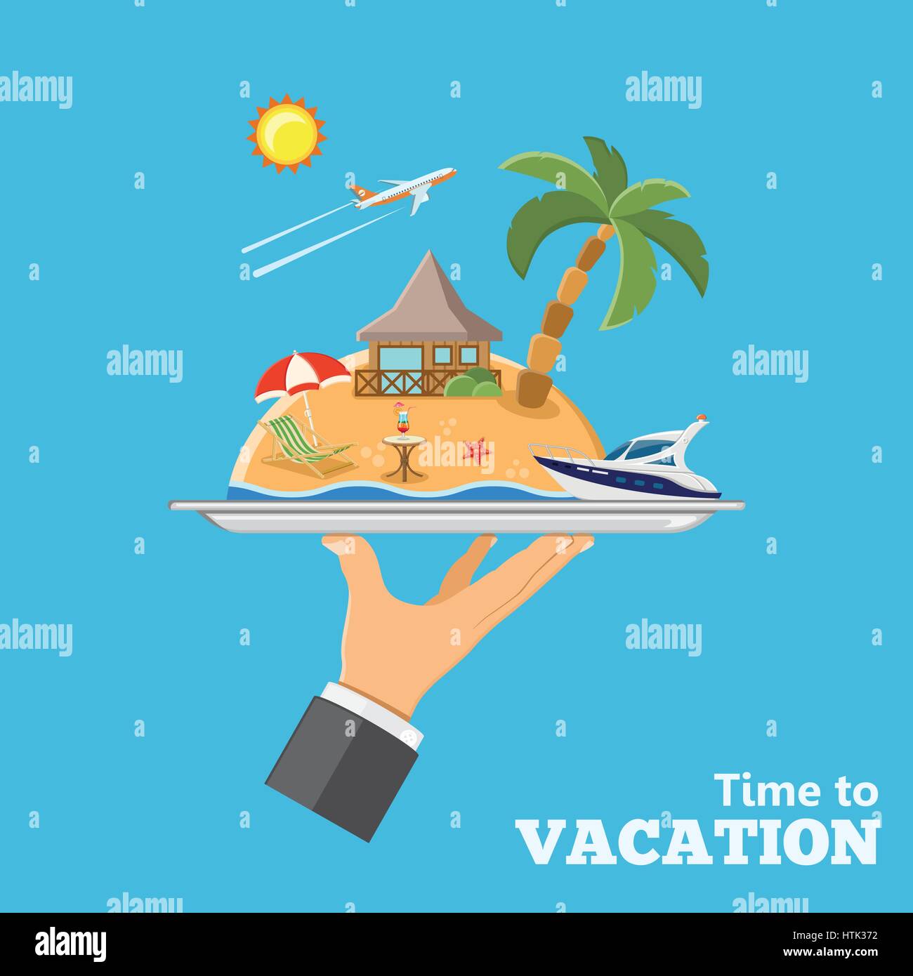 Vacation and Trip concept. hand holding on tray island with bungalows, boat, plane and cocktail. flat style icons, isolated vector illustration Stock Vector