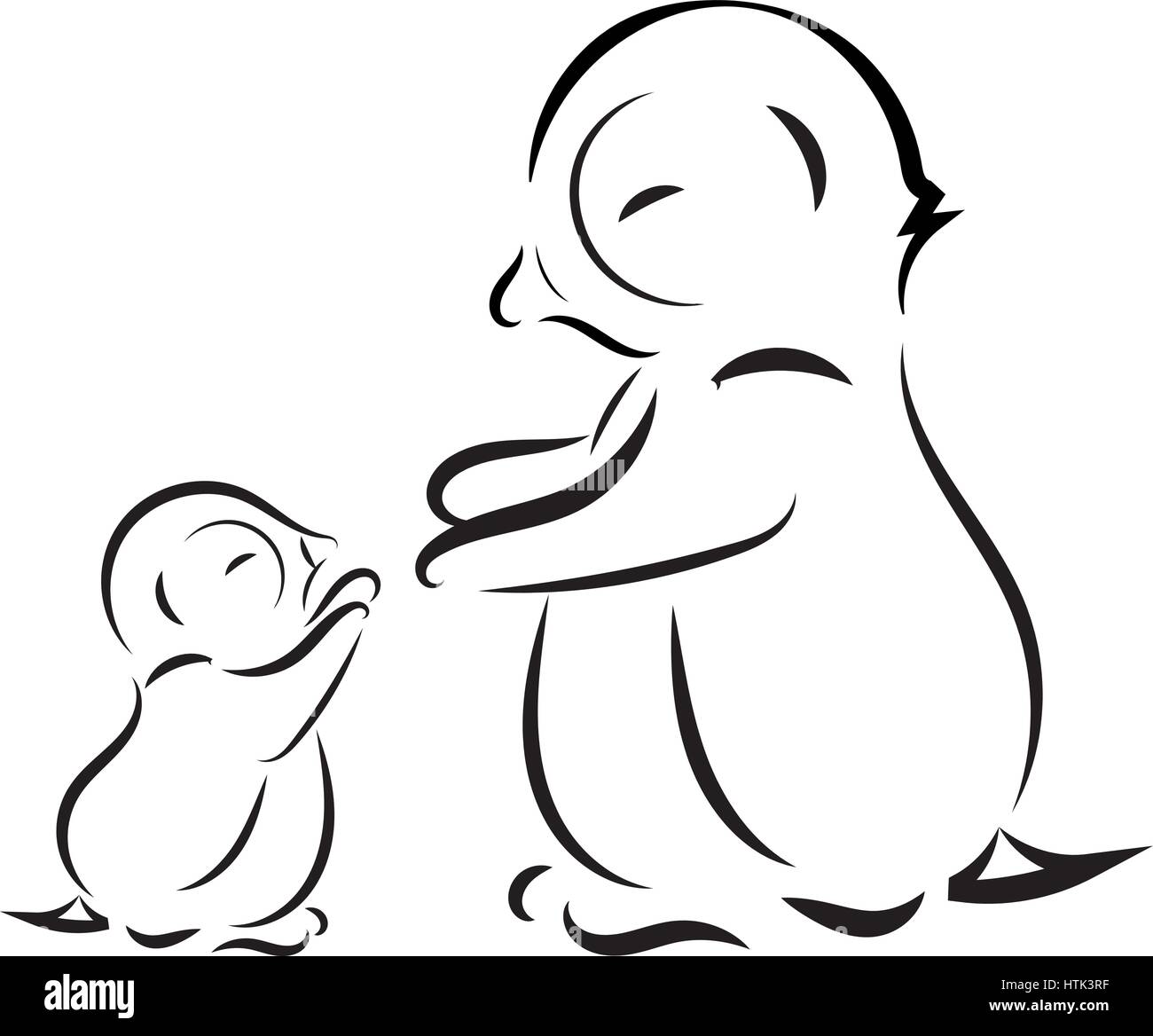 Vector image. Outline drawing of a penguin family mom and baby Stock Vector