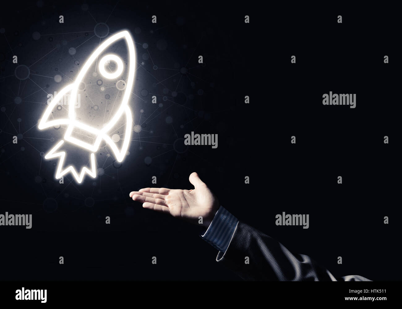 Man palm presenting Rocket web icon as technology concept Stock Photo ...