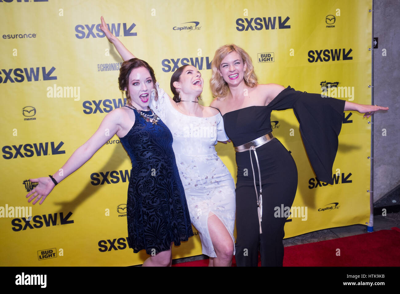 Austin, Texas, USA. 12th March 2017. (L-R) JOSEPHINE MACADAM, OLIVIA APPLEGATE and KATIE FOLGER attend world premiere of the Honor Farm at the Stateside Theater during SXSW Austin, Texas Credit: Sandy Carson/ZUMA Wire/Alamy Live News Stock Photo