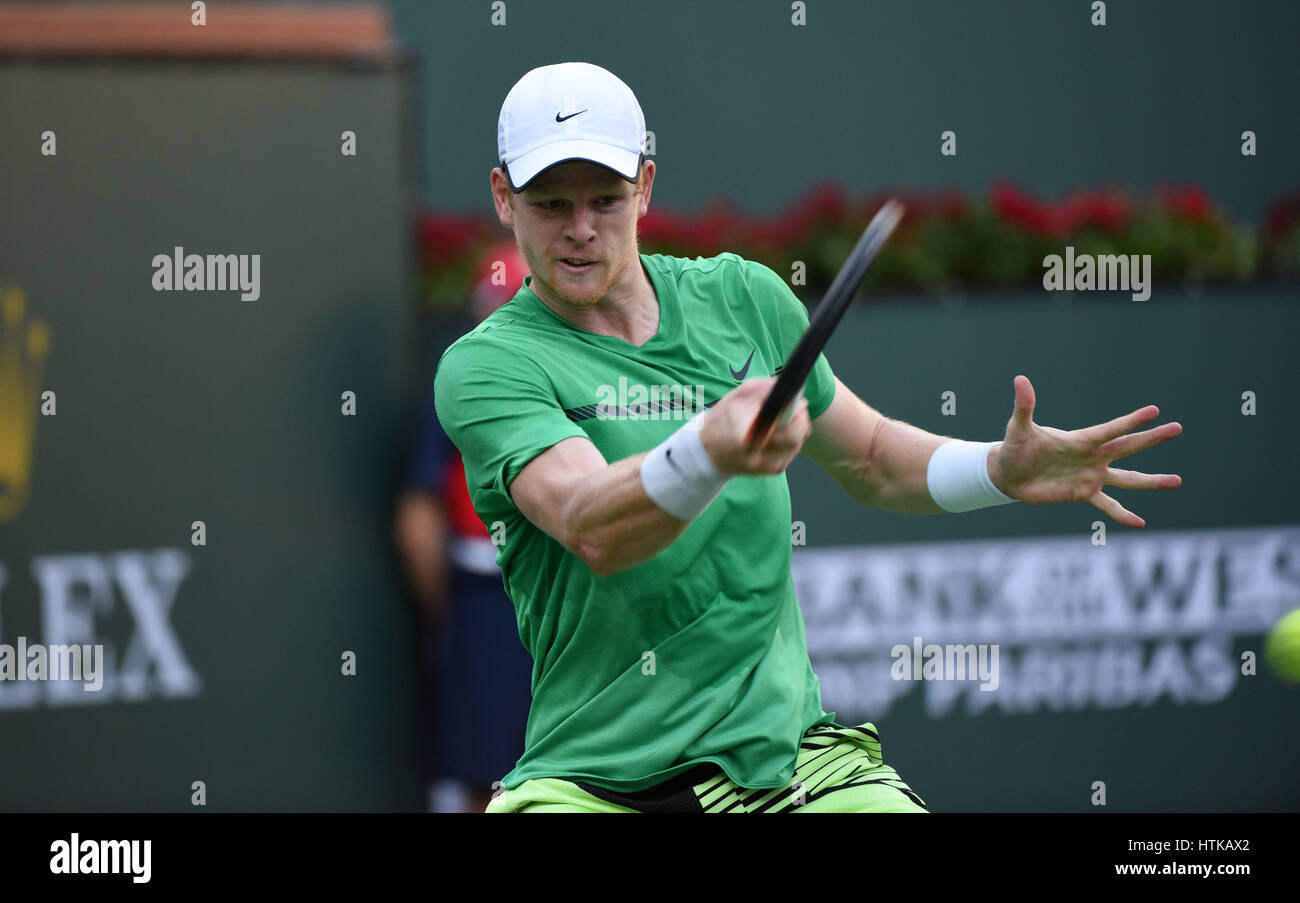 Indian Wells, California, USA. 12th March 2017. Kyle Edmund (GBR) in action against Novak Djokovic (SRB) during the BNP Paribas Open at Indian Wells Tennis Garden in Indian Wells, California Credit: Cal Sport Media/Alamy Live News Stock Photo