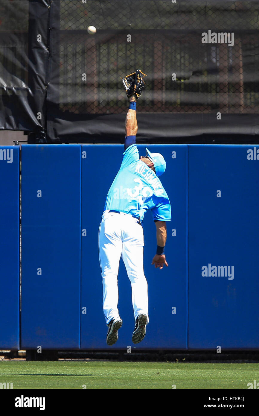 Port Charlotte, Florida, USA. 12th Mar, 2017. WILL VRAGOVIC | Times.Tampa Bay Rays center fielder Kevin Kiermaier (39) makes the leaping catch on the fly ball by Toronto Blue Jays second baseman Jake Elmore (21) in the first inning of the game between the Toronto Blue Jays and the Tampa Bay Rays at Charlotte Sports Park in Port Charlotte, Fla. on Sunday, March 12, 2017. Credit: Will Vragovic/Tampa Bay Times/ZUMA Wire/Alamy Live News Stock Photo