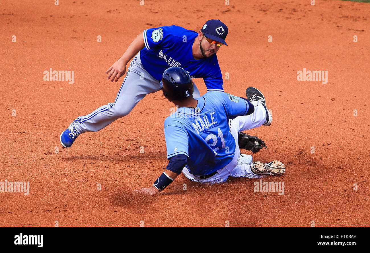 Port Charlotte, Florida, USA. 12th Mar, 2017. WILL VRAGOVIC | Times.Tampa Bay Rays catcher Luke Maile (21) caught attempting to steal second in the fourth inning of the game between the Toronto Blue Jays and the Tampa Bay Rays at Charlotte Sports Park in Port Charlotte, Fla. on Sunday, March 12, 2017. The Tampa Bay Rays beat the Toronto Blue Jays 8-2. Credit: Will Vragovic/Tampa Bay Times/ZUMA Wire/Alamy Live News Stock Photo