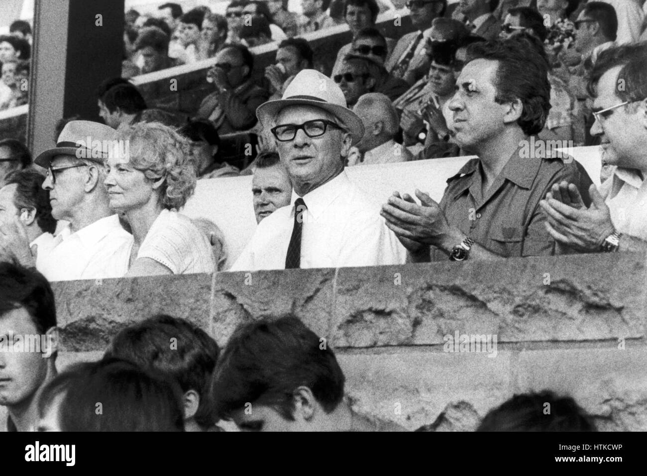 FILE - Willi Stoph (chairman of the ministerial council, l-r), Margot Honecker (minister of culture), secretary general Erich Honecker and Egon Krenz (chairman of the FDJ) sit on the honourary tribune at the music and dance show 'Ein bunter Blumenstrauss fuer unsere Republik') at the 'Stadion der Weltjugend' in East Berlin, Germany, 1 June 1979. 500,000 FDJ members arrived for the national youth festival of the GDR in East Berlin. Photo: Günter Bratke/dpa Stock Photo