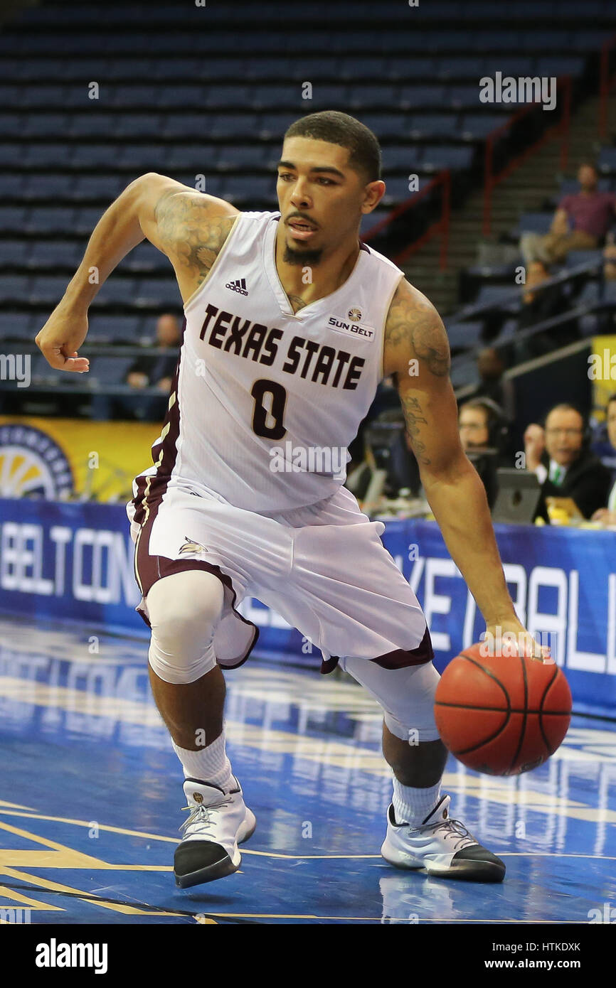 Bobby Rae Conley March 12, 2017 - Texas State Bobcats guard Bobby Conley (0) drives to ...