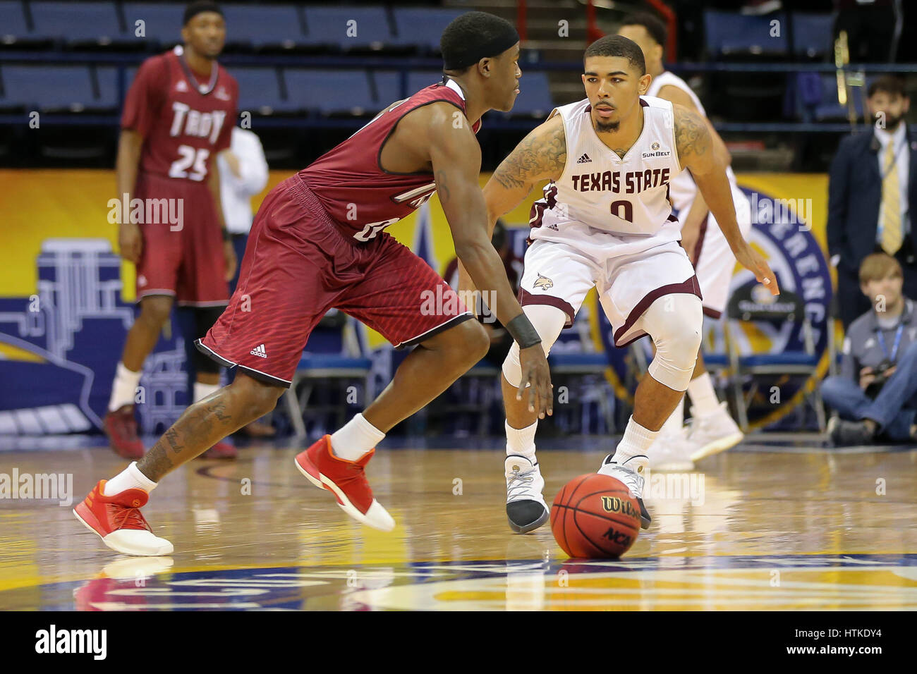 Bobby Rae Conley March 12, 2017 - Texas State Bobcats guard Bobby Conley (0) guards Troy ...