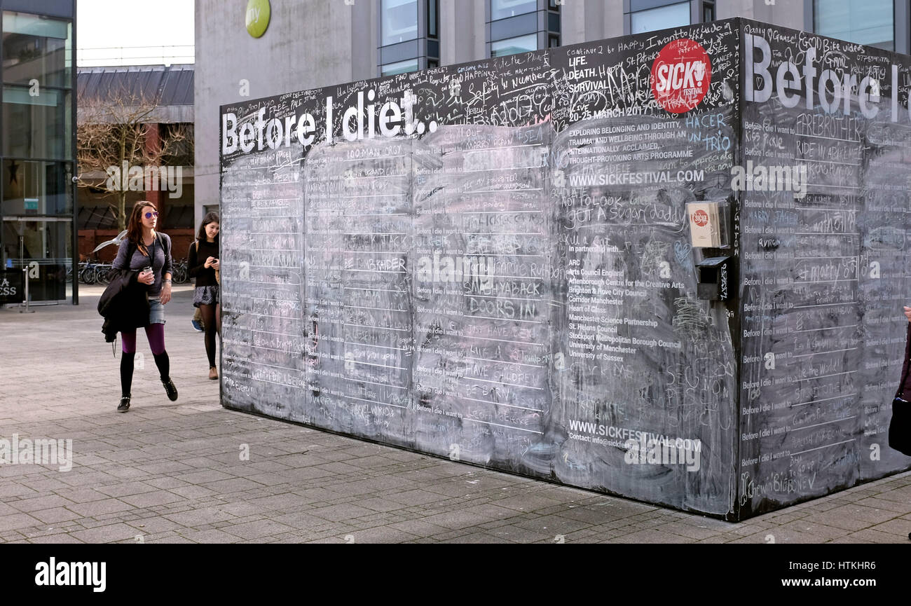 Brighton, UK. 13th Mar, 2017. Visitors enjoy reading the messages on the Before I Die public art project in Jubilee Square Brighton and is part of the SICK! Festival 2017 . SICK! Festival is a celebration of life, death and survival and officially takes place between 20th to 25th March 2017 Credit: Simon Dack/Alamy Live News Stock Photo