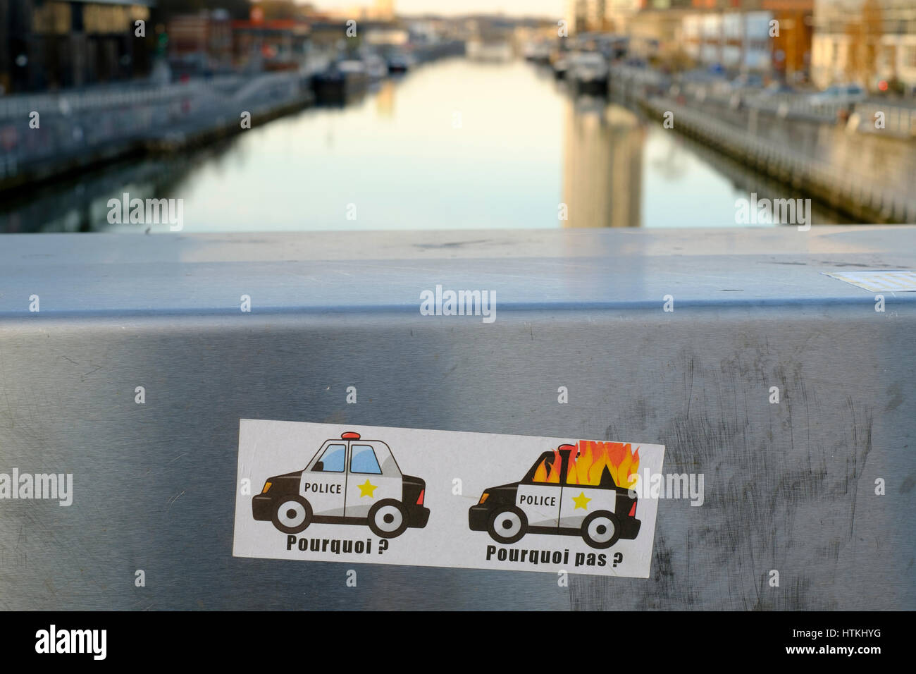 March 12, 2017 - Brussels, Belgium: Anti-Police Sticker on a bridge ...