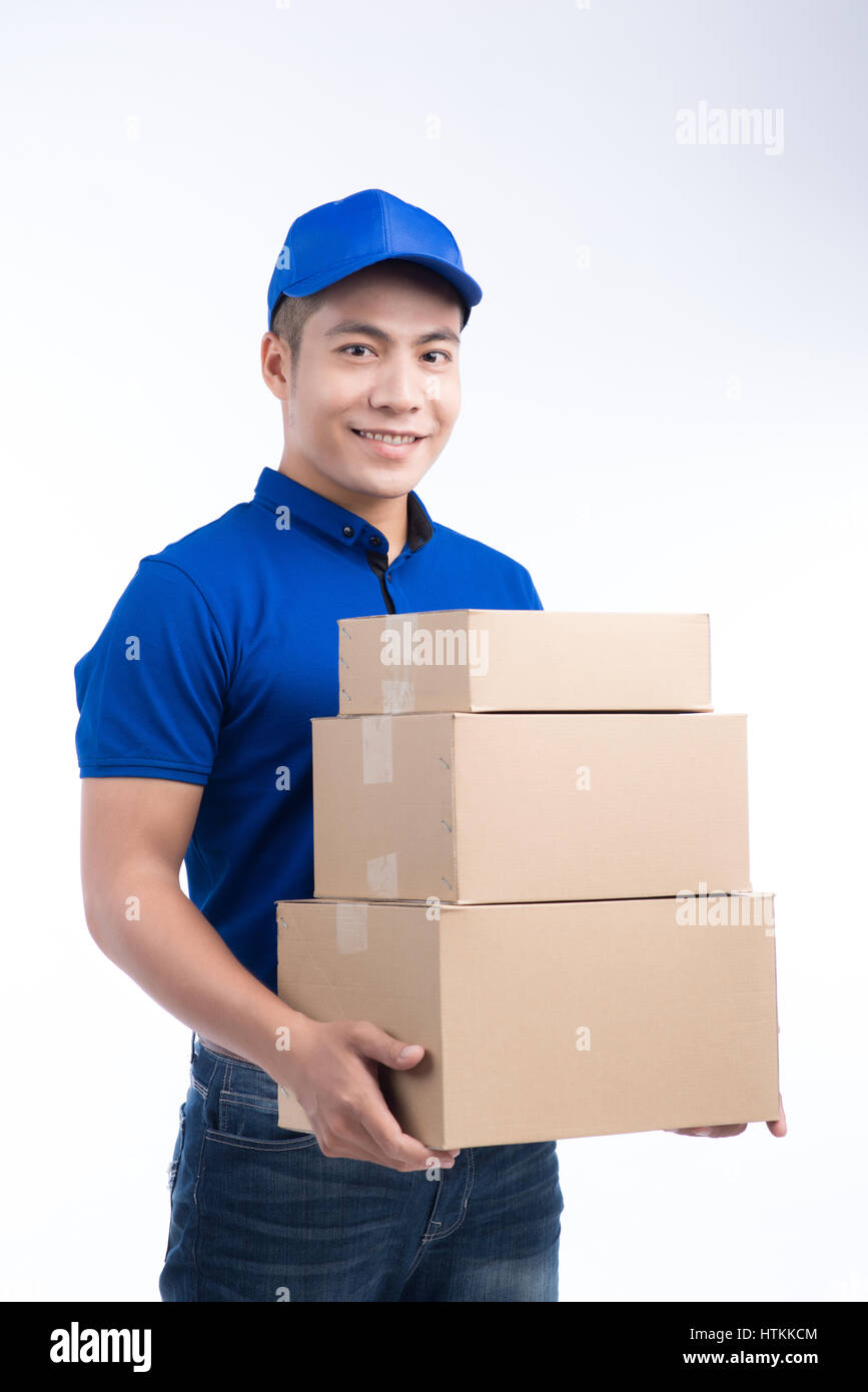 Delivery Person. Asian postman with parcel box. Postal delivery service