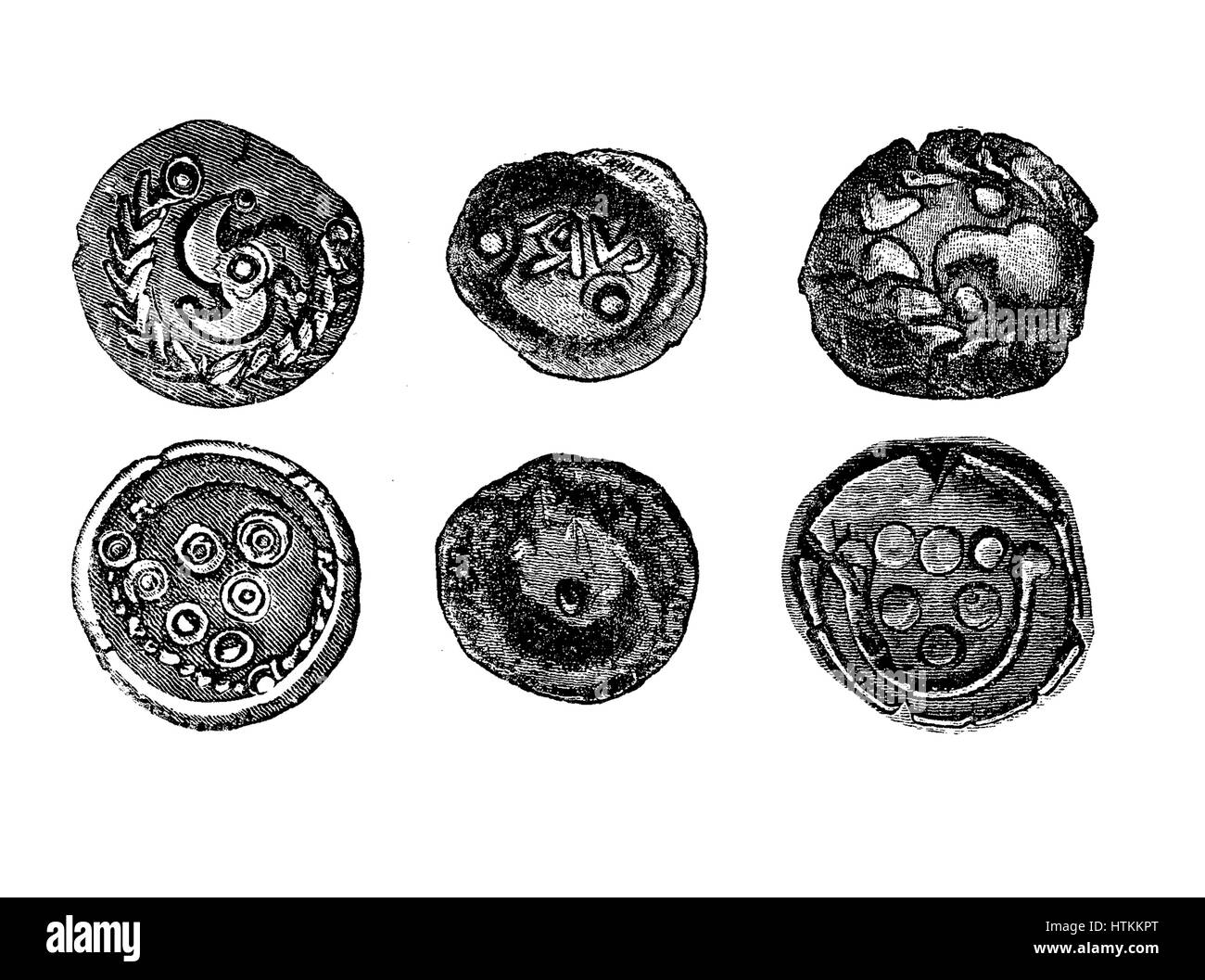 Vintage engraving of golden coins of the Celts in iron age Stock Photo