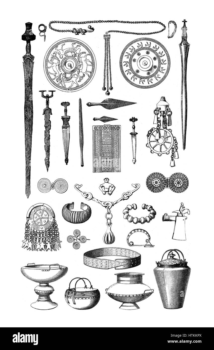 Celtic objects, jewelry and weapons found in Hallstatt -Austria dating from 530 BC Stock Photo