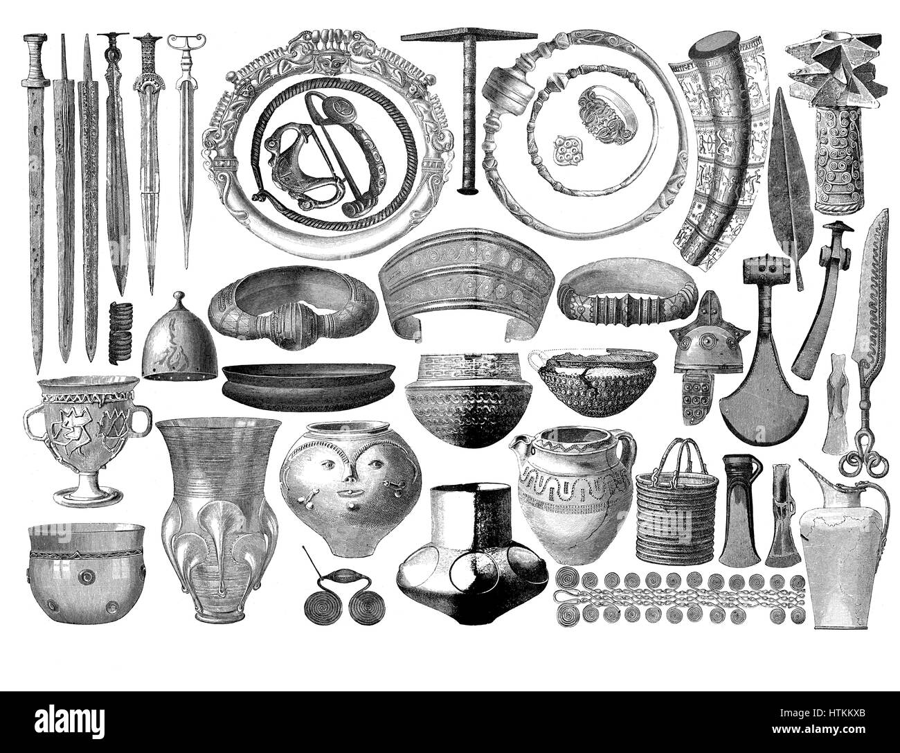 Engraving reproducing artifacts, weapons,jewelry, pottery , tools found