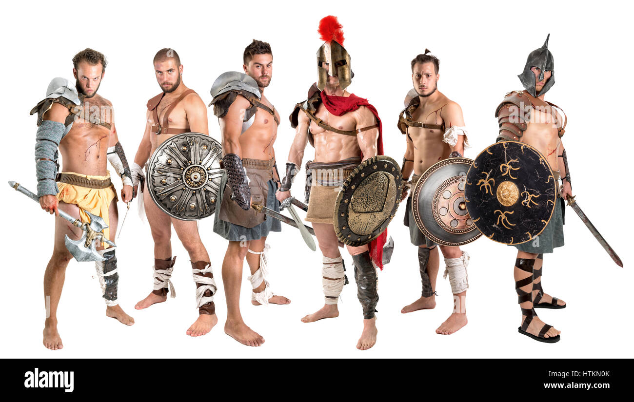 Group of warriors or Gladiators isolated in a white background Stock Photo