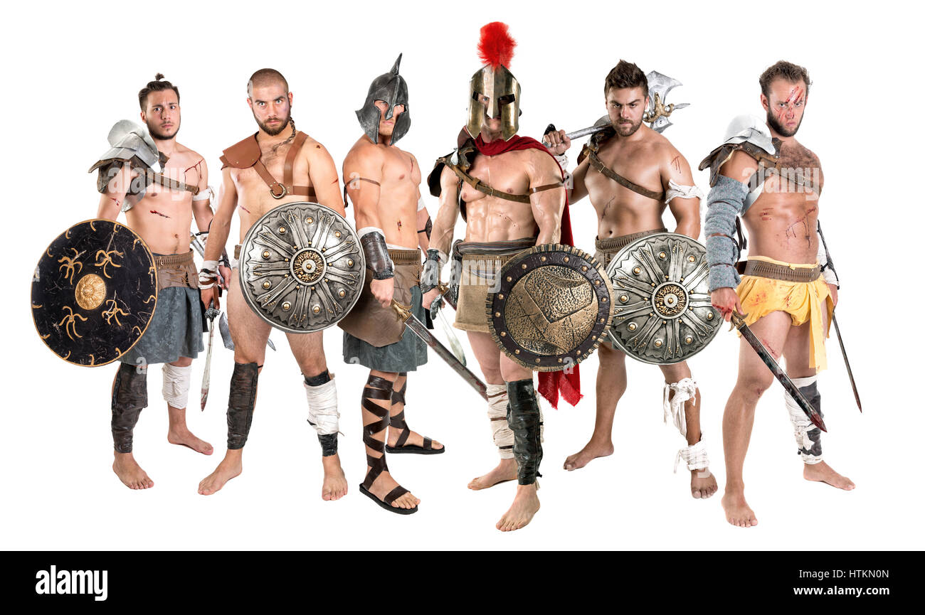 Group of warriors or Gladiators isolated in a white background Stock Photo