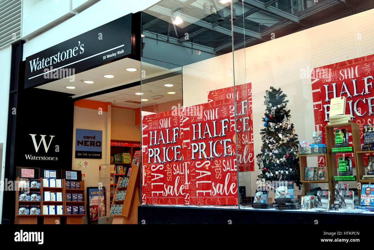 Basingstoke, UK January 04 2017 Shop front of Waterstone's Book store with Half Price Sale