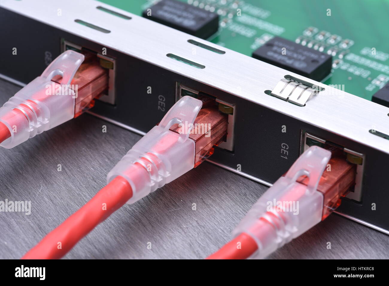 Technology Devices Network Switch Board with Ethernet Cables Stock Photo