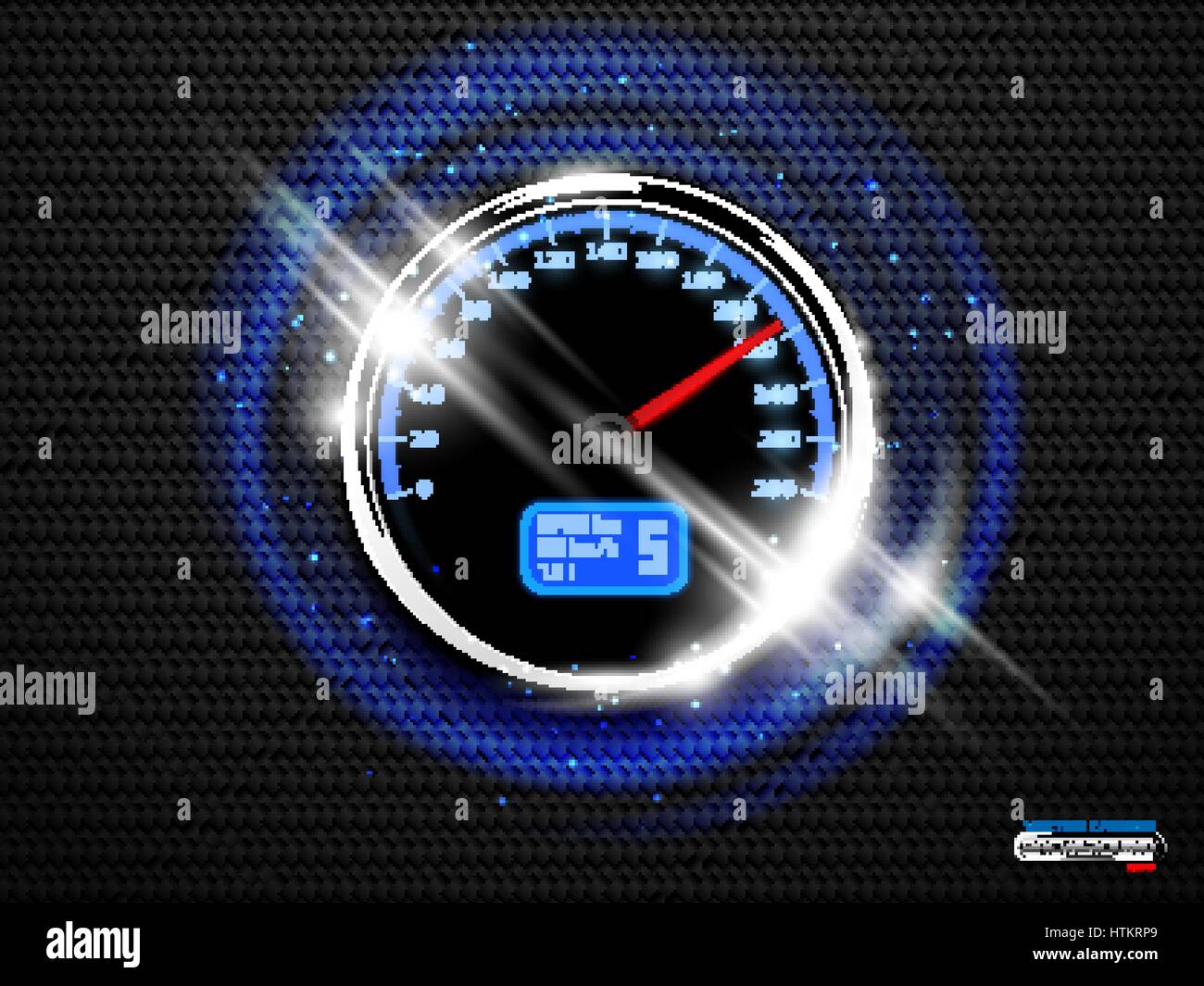 Vector chrome ring speedometer glow on black carbon background. Speed poster design element with blue sparks and white shine light effect Stock Vector