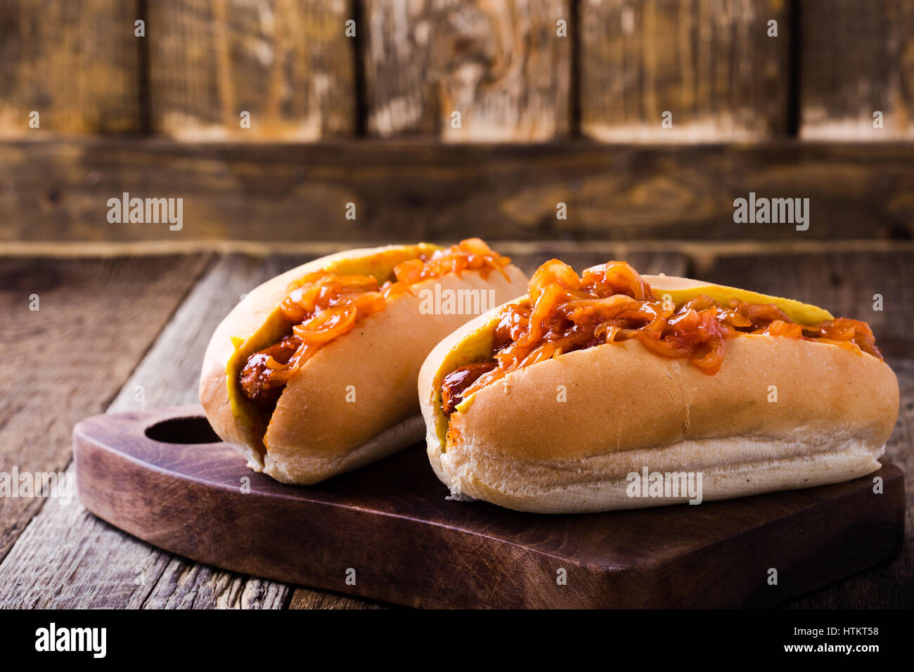 Homemade hot dogs with the onion sauce on top, New York street cart