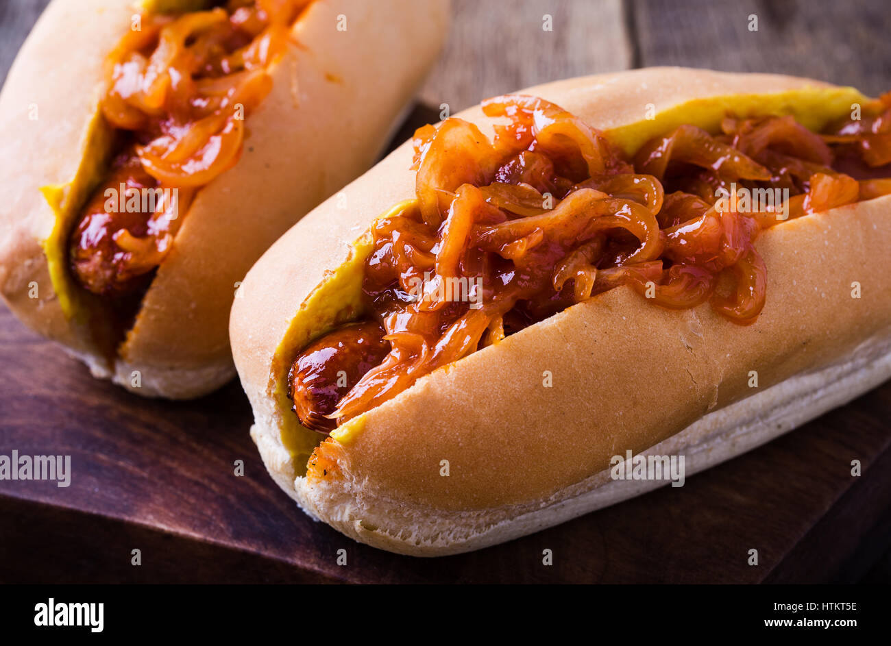 Homemade hot dogs with the onion sauce on top, New York street cart